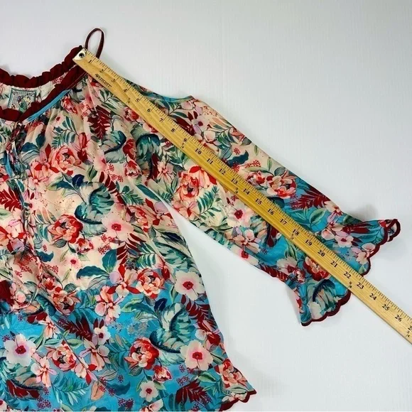 JOHNNY WAS Sz S Top Blue Floral Print Cold Shoulder - Picture 9 of 13